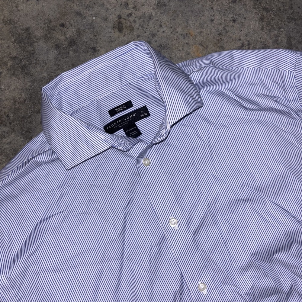 Pronto Uomo Dress Shirt Mens 17 34/35 Blue White Striped Non Iron Classic Cotton